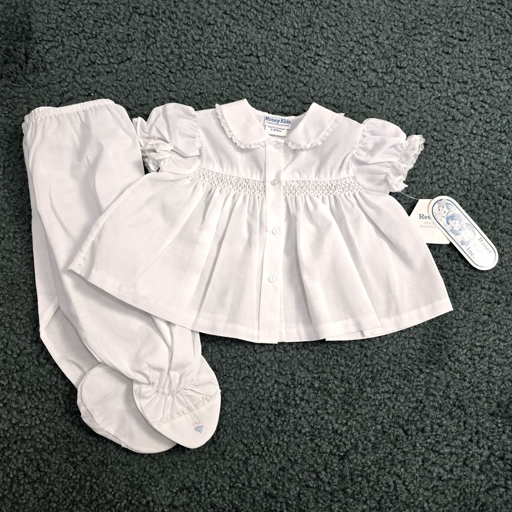 Rosey Kids Vintage White Smocked Floral Embroidered‎ Footed Pant Set 3-6 Mos NWT